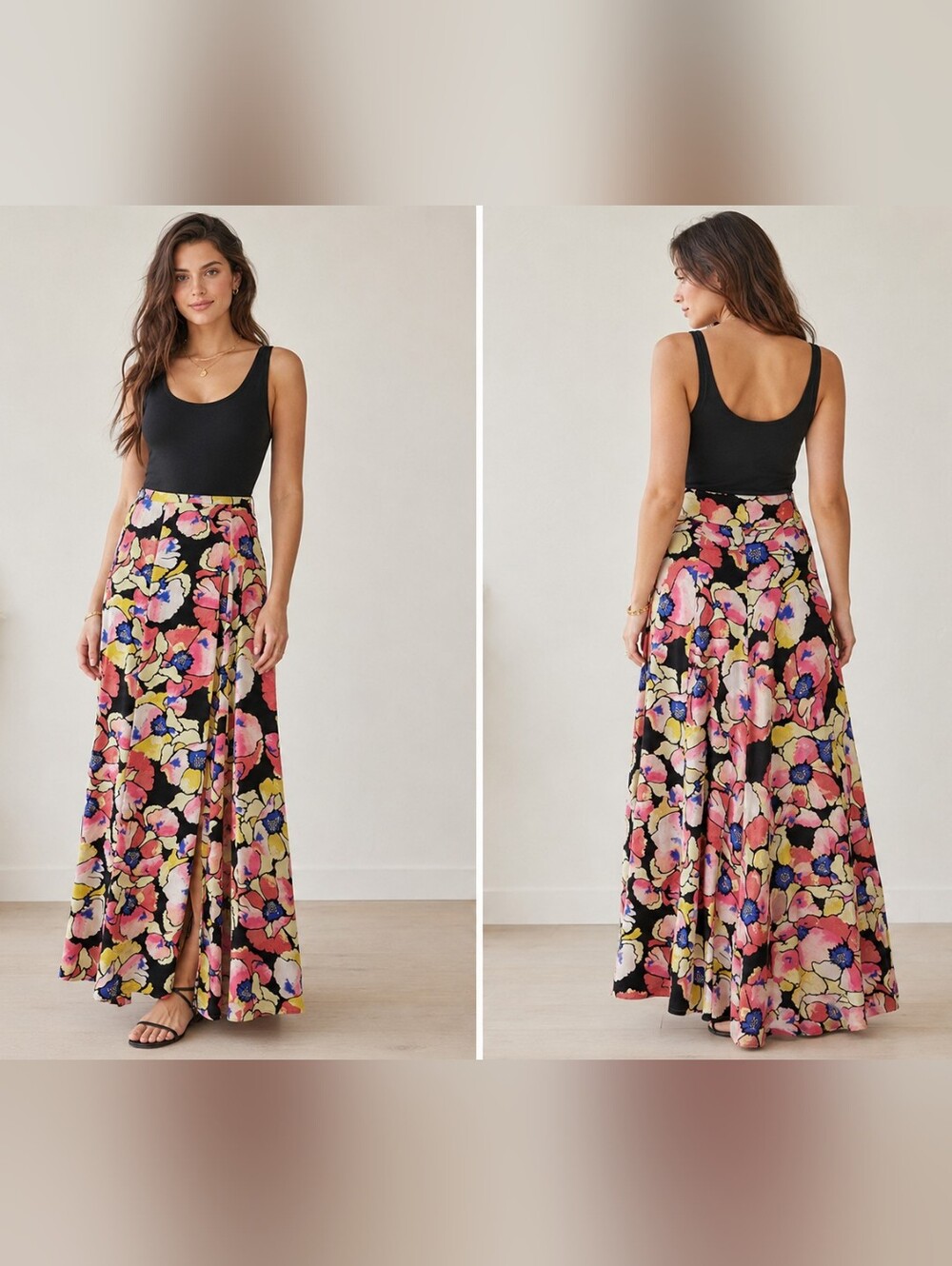 Free People Floral Faux Wrap Maxi Skirt Size 0 Pink Yellow Black Boho Rayon